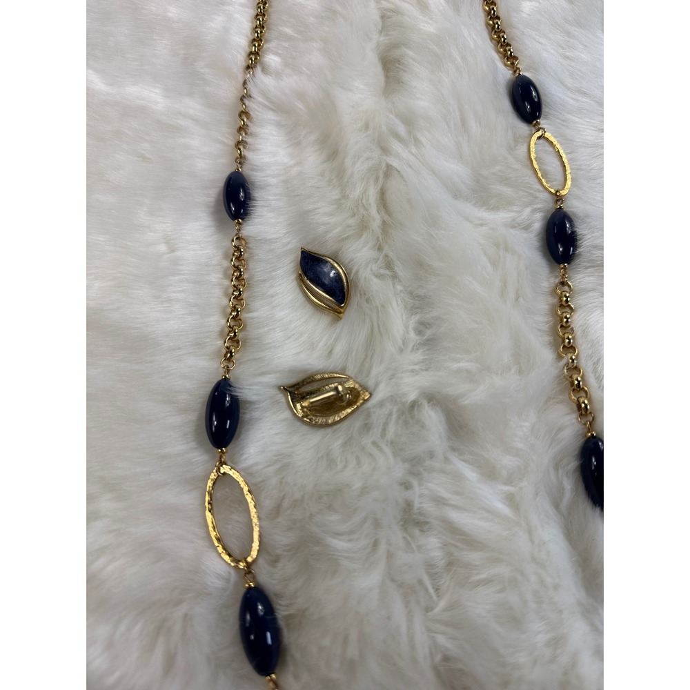 Vintage Monet Gold Tone Navy Blue Bead Station Necklace and Clip On Earring Set - Picture 6 of 9